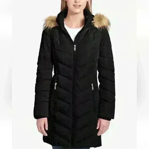 Tommy Hilfiger Faux-Fur-Trim Hooded Chevron Black Puffer Coat Size XS $245